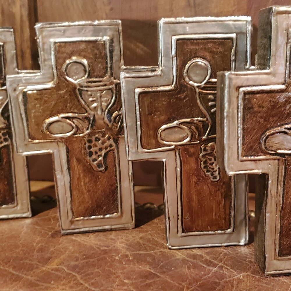 Mexican religious art rustic decor set of 4 first communion Embossed in aluminum